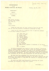 Letter from World Council of Peace to W. E. B. Du Bois