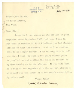 Letter from Phoebe Emery to the editor of The Crisis