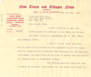 Letter from New Times and Ethiopia News to W. E. B. Du Bois