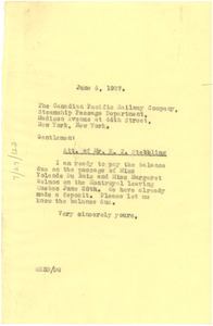 Letter from W. E. B. Du Bois to Canadian Pacific Railway Company