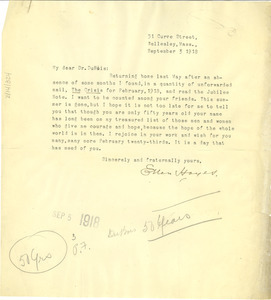 Letter from Ellen Hayes to W. E. B. Du Bois