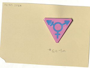 Triangular Pink Pin with Blue Transgender Symbol