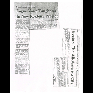 Photocopies of newspaper articles about Edward J. Logue and his comments on developers and rents in Washington Park urban renewal area, and Boston's All-America City award