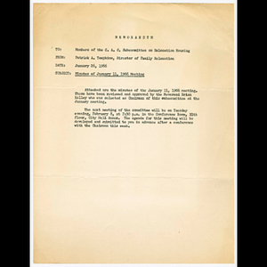 Memorandum from Patrick A. Tompkins to members of the Citizens Advisory Committee (CAC) Subcommittee on Relocation Housing about minutes for meeting on January 11, 1966 and minutes for Relocation Housing Subcommittee meeting on January 11, 1966
