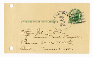 Postcard from C.E. [Cassen Eugene] Parsons to Sacco-Vanzetti Defense Committee, August 20, 1928