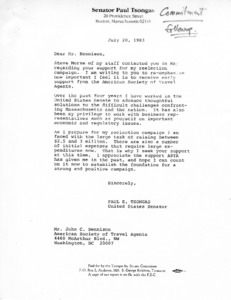 Letter to John C. Bennison from Senator Paul Tsongas