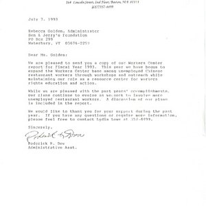 Correspondence to the Ben & Jerry's Foundation concerning the Workers' Center report for the fiscal year 1993