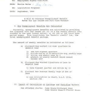 Memorandum regarding a bill to increase unemployment benefit rates for low-income and part-time workers