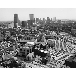 Aerial view of Northeastern's main campus with downtown Boston in the background