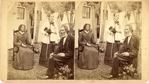 Stereograph of two women and one man in front of a tent, ca. 1878
