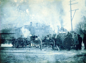 View of fire engines 17, 18, and 21, Dorchester, Mass., February 3, 1896