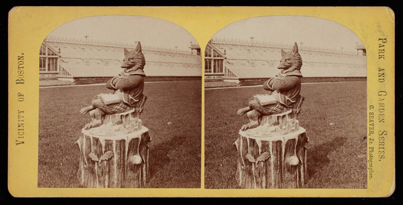 Stereograph of fox statue, Ridge Hill Farms, Baker Estate, Wellesley, Mass.