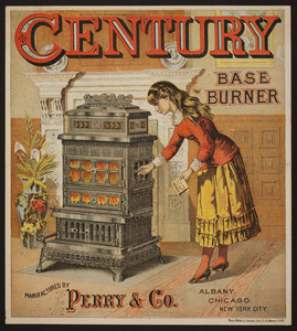 Trade card for the Century Base Burner, manufactured by Perry & Company, Albany, Chicago, New York City, undated