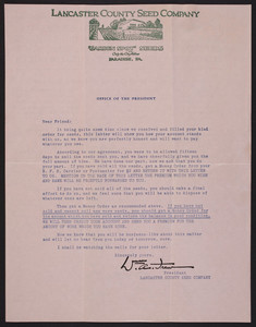 Letter from Lancaster County Seed Company, Garden Spot Seeds, Paradise, Pennsylvania, undated