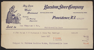Billhead for Barstow Stove Company, Providence, R.I., dated August 31 1907