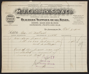 Billhead for M.J. Caldbeck, Son & Co., builders' supplies of all kinds, St.Johnsbury, Vermont, dated October 7, 1914