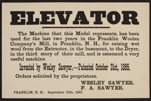 Handbill for the Sawyer Elevator, Wesley Sawyer, F.A. Sawyer, Franklin, New Hampshire, September 10, 1867