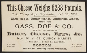 Trade card for Gass, Doe & Co., butter, cheese, eggs, Nos. 61 & 63 Quincy Market, Boston, Mass., 1883