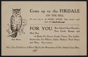 Trade card for Firdale on the Hill, Orr's Island, Maine, undated