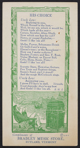Trade card for the Bradley Music Store, Rutland, Vermont, undated