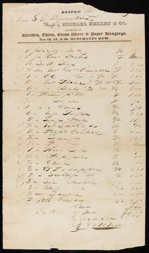 Billhead for Michael Mellen & Co., importers of earthen, china, glass ware & paper hangings, Nos. 16, 18 & 20 Merchants Row, Boston, Mass., dated May 8, 1839