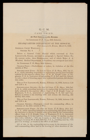 Case Tried regarding Court Martial of 1st Lieutenant F. D. Sharp, March 15, 1888