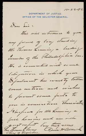 [Charles] H. Aldrich to Thomas Lincoln Casey, October 22, 1892