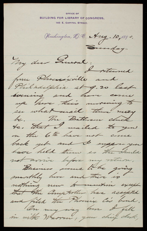 [Bernard R.] Green to Thomas Lincoln Casey, August 10, 1890