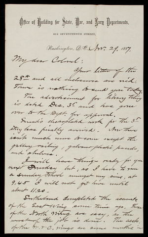 [Bernard] R. Green to Thomas Lincoln Casey, November 29, 1887