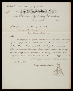 Postmaster to Thomas Lincoln Casey, July 30, 1887