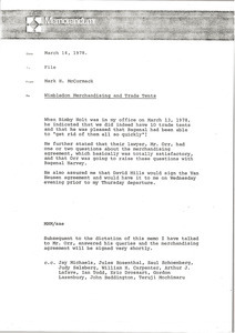 Memorandum from Mark H. McCormack to Wimbledon merchandising and trade tent file