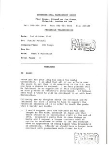 Fax from Mark H. McCormack to Fumiko Matsuki