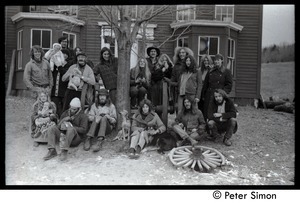 Commune members posed in front of the house, Montague Farm commune