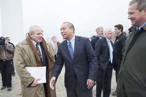 Gov. Deval Patrick (right) talking with Massachusetts Municipal Wholesale Electric Company CEO, Ronald Di Curzio, at ribbon cutting ceremony, Berkshire Wind Power Project