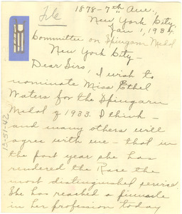 Letter from Pearl A. Wright to The Committee on the Spingarn Medal