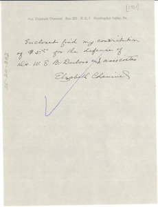 Letter from Elizabeth Chaninel to National Committee to Defend Dr. W. E. B. Du Bois and Associates