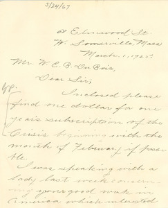 Letter from Hattie G. Reavis to W. E. B. Du Bois