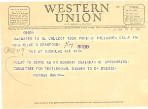 Telegram from Thomas Mann to W. E. B. Du Bois Testimonial Dinner Committee