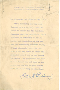 Circular letter from John J. Pershing to departing officers of the American Expeditionary Forces