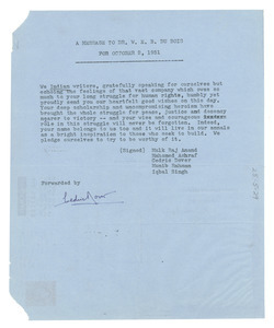 Aerogram from Cedric Dover to National Committee to Defend Dr. W. E. B. Du Bois and Associates in the Peace Information Center
