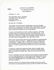 Copy of a letter from California Governor Edmund G. Brown to President John F. Kennedy
