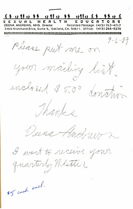 Correspondence from Deena Andrews to Lou Sullivan (September 6, 1989)