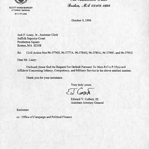 Letter from Edward V. Colbert III, Assistant Attorney General of Massachusetts, to Jack F. Leary, Jr., Assistant Clerk at the Suffolk Superior Court, enclosing a request for a default judgement and an affadavit