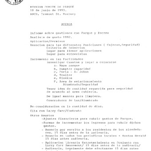 Agenda for a meeting of the Festival Puertorriqueño Park Committee on June 10, 1993