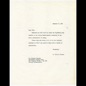 Letter from Otto Snowden to Macolm Peabody about check for Boston Redevelopment Authority (BRA)