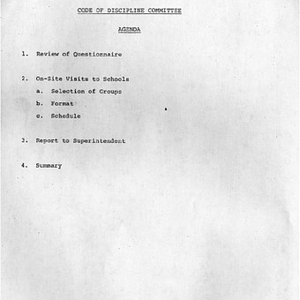 Agenda for third Code of Discipline Review Committee meeting on March 9, 1981, and assessment form
