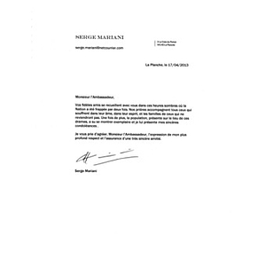 Letter from French politician Serge Mariani to the United States Ambassador to France Charles Rivkin
