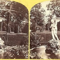 Potter's Grove with yellow background. Cupid with bird fountain.