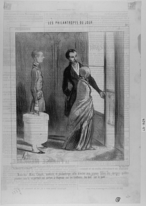 Monsieur Mimi Coquet, modiste et philantrope, afin d'éviter aux jeunes filles les dangers qu'elles peuvent courir en portant un carton à chapeau sur les trottoirs, les met sur le pavé.