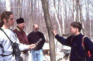 Norman E. Borlaug field trip to the Hopkins Memorial Forest. 11. Left to right: Ben Montgomery (Class of 1998), Norman E. Borlaug (U MN, Class of 1937), Peter McChesney (Class of 1975), Tim Billo (Class of 1997).